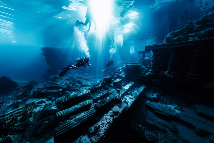 Tiefe, dunkle Unterwasseraufnahme mit Lichtstrahlen von oben